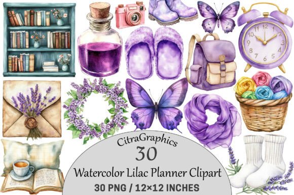 Watercolor Lilac Planner Clipart.