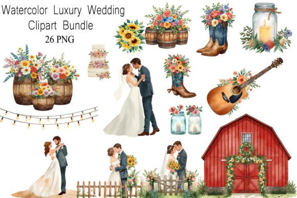Watercolor Rustic Wedding Clipart Bundle