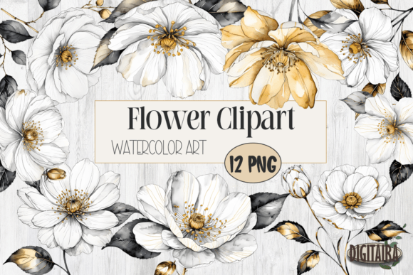 White &amp; Gold Watercolor Flower Bundle